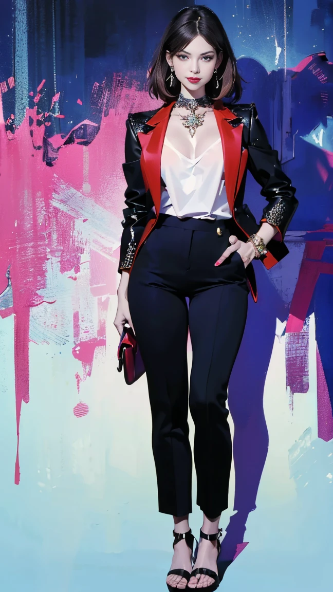(ultra-detailed, photorealistic, best quality,4k,8k,highres,masterpiece:1.3), Cuban woman, age 28, real estate agent, very attractive, allure physique, She uses flirtatious behavior and seduction as tools to close deals, Always dressed provocatively, her outfits enhance her high sex appeal and contribute to her successful career, Her outfit includes a Top: A low-cut, fitted blazer from Balmain that's bold and provocative, yet maintains a professional edge, Bottom: A pair of tailored, high-waisted trousers from Stella McCartney that highlight her figure while keeping the look business-appropriate, Shoes: A pair of strappy, high-heeled sandals from Jimmy Choo adding a touch of glamor and height, Accessories: A statement choker necklace from Alexander McQueen and a Bulgari Serpenti bracelet that add a touch of luxury and daring femininity, Bag: A bold, red leather tote from Saint Laurent for carrying documents and essentials, adding a pop of color to her outfit, (((intricate detail, super finely detailed hands, ultra finely detailed fingers, ten fingers, striding confidently, full body showcase, show full body))).