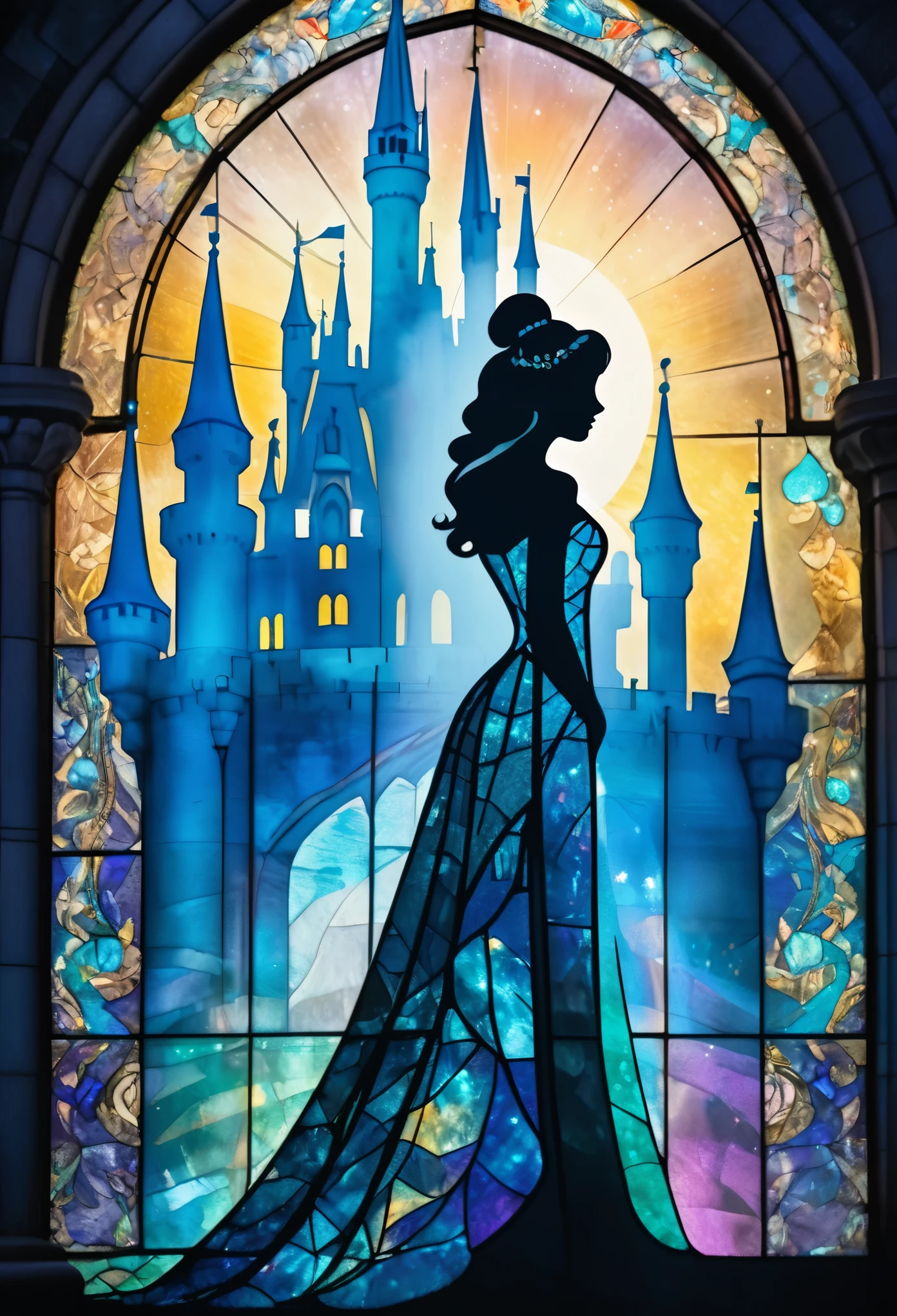 1Bride attire, ((silhouette art)), (Double Exposure:1.5), Close-up, face focus, (blue Moon;1.4) Cinderella Castle, Effect of alexandrite, improve, complex, (best quality, masterpiece, representative work, official art, professional, Stained Glass Background:1.3)