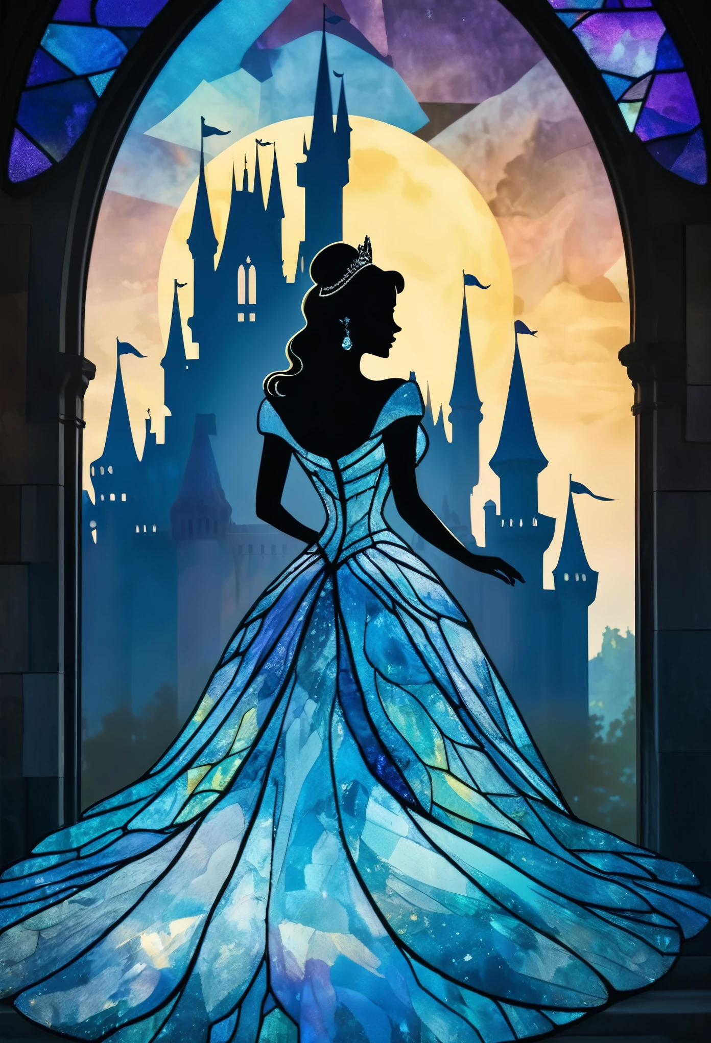 1Bride attire, ((silhouette art)), (Double Exposure:1.5), Close-up, face focus, (blue Moon;1.4) Cinderella Castle, Effect of alexandrite, improve, complex, (best quality, masterpiece, representative work, official art, professional, Stained Glass Background:1.3)