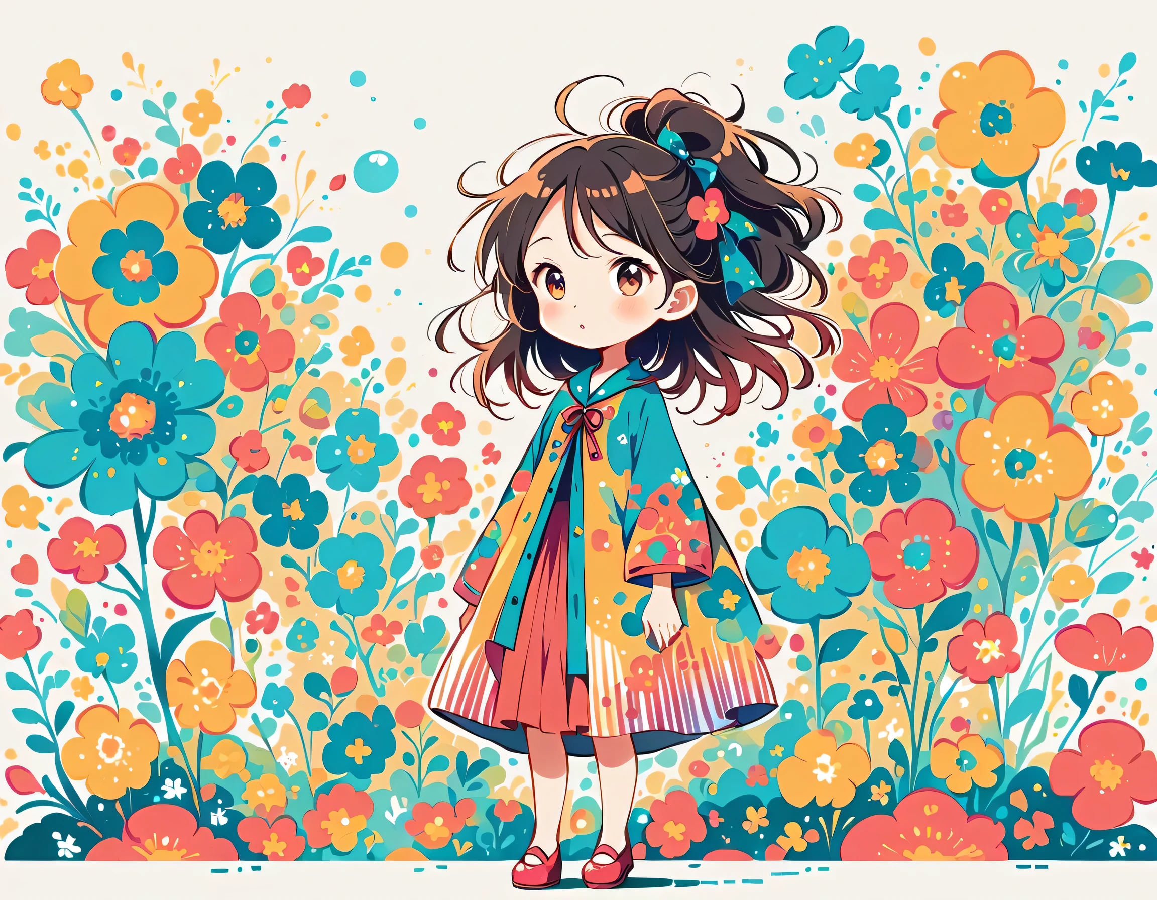 Mai Yoneyama style, Standing in front of a high wall，Simple Line Initialism，Abstract art，Urban Background, (((The most beautiful girl))), colorful flowers