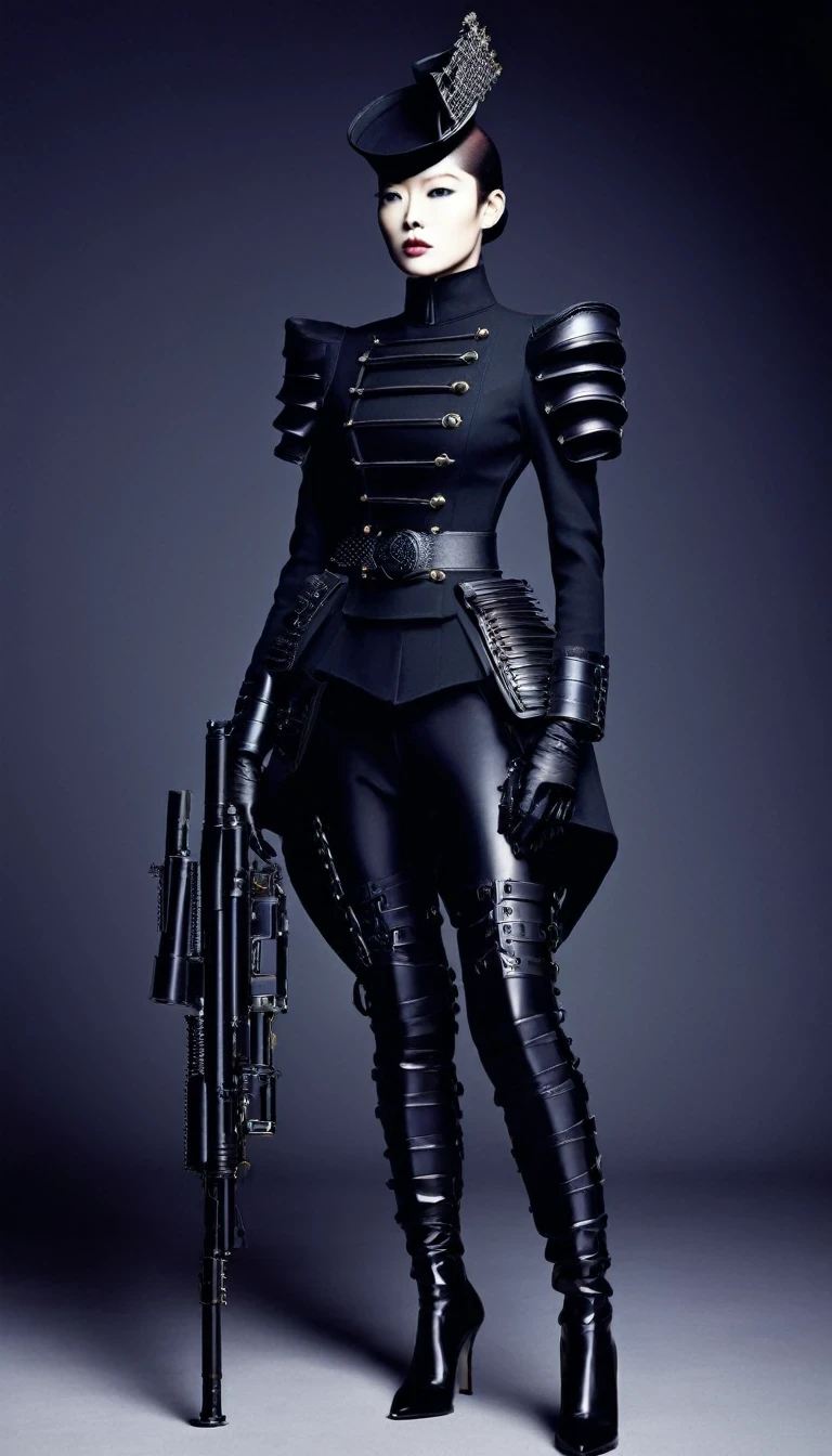 (Avant-garde and elegant tight combat suit design：1.3），Female soldier with gun，Serge Lutens is known for his avant-garde elegance。His works continue to transcend the boundaries of traditional aesthetics，Combining elements of surrealism and futurism，While maintaining elegance。This unique combination makes his work both sophisticated and provocative.，Redefining the understanding of beauty and art。