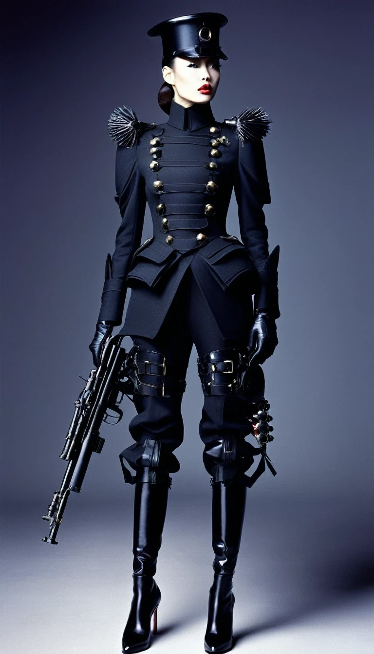 (Avant-garde and elegant tight combat suit design：1.3），Female soldier with gun，Serge Lutens is known for his avant-garde elegance。His works continue to transcend the boundaries of traditional aesthetics，Combining elements of surrealism and futurism，While maintaining elegance。This unique combination makes his work both sophisticated and provocative.，Redefining the understanding of beauty and art。