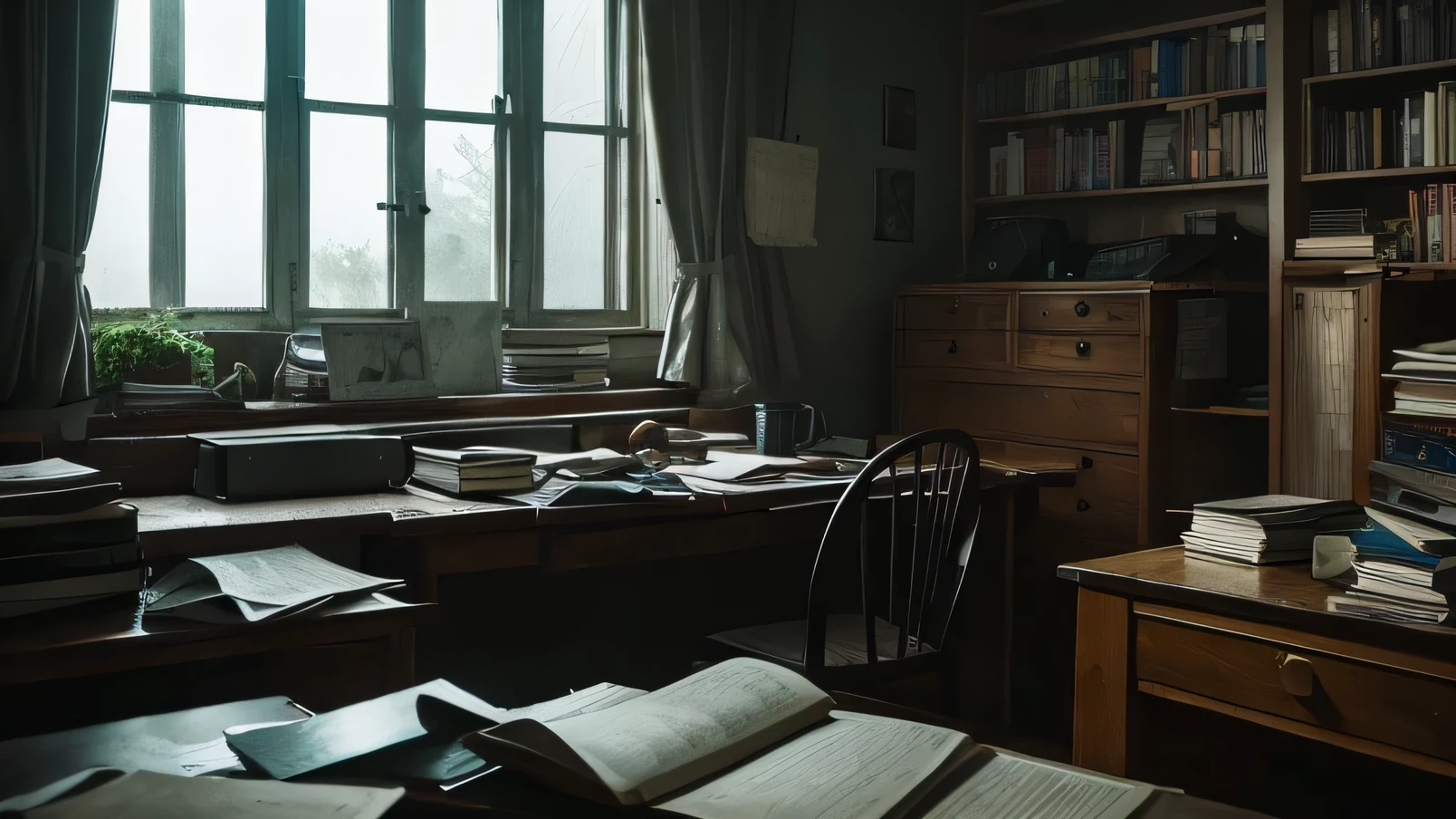 Rain outside the window、Creepy, dark and scary、A cluttered study with papers and books