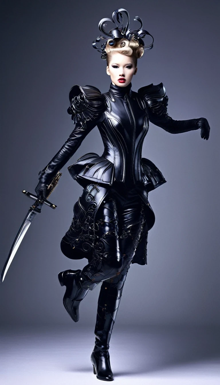 (Avant-garde and elegant tight combat suit design：1.3），Female warrior jumping and running，Knife flying in the airing gun，，Serge Lutens is known for his avant-garde elegance。His works continue to transcend the boundaries of traditional aesthetics，Combining elements of surrealism and futurism，While maintaining elegance。This unique combination makes his work both sophisticated and provocative.，Redefining the understanding of beauty and art。