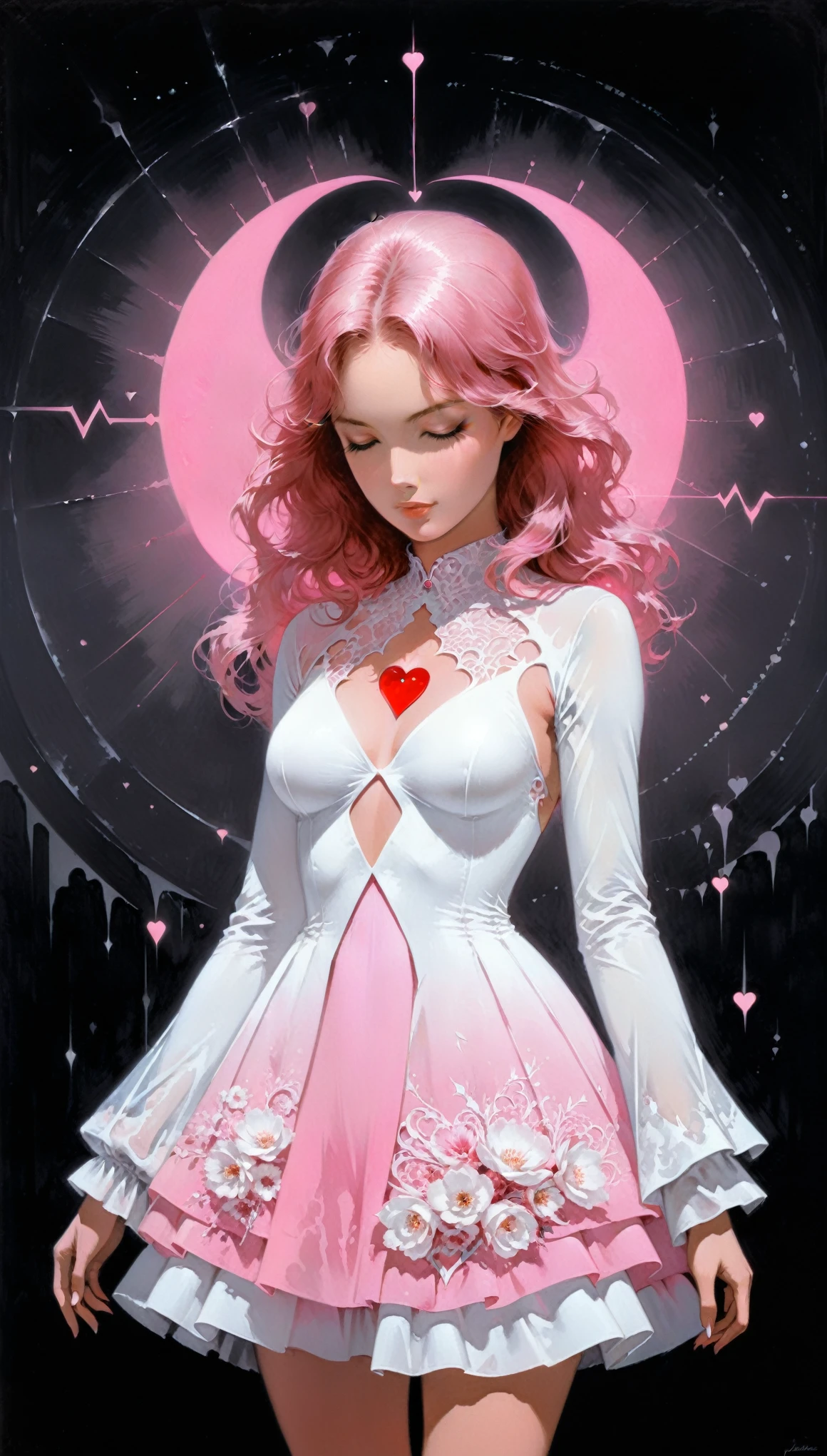 in style of Jeffrey Catherine Jones,
cowboy_shot,(1 girl solo:1.1),Heart,(heartbeat:1.3),multi-layered long-sleeved dress,(((pink) to white gradient) flower paper cut layer:1.1),
BREAK
dark_background,reflective fabrics,(gradient clothes:1.4),