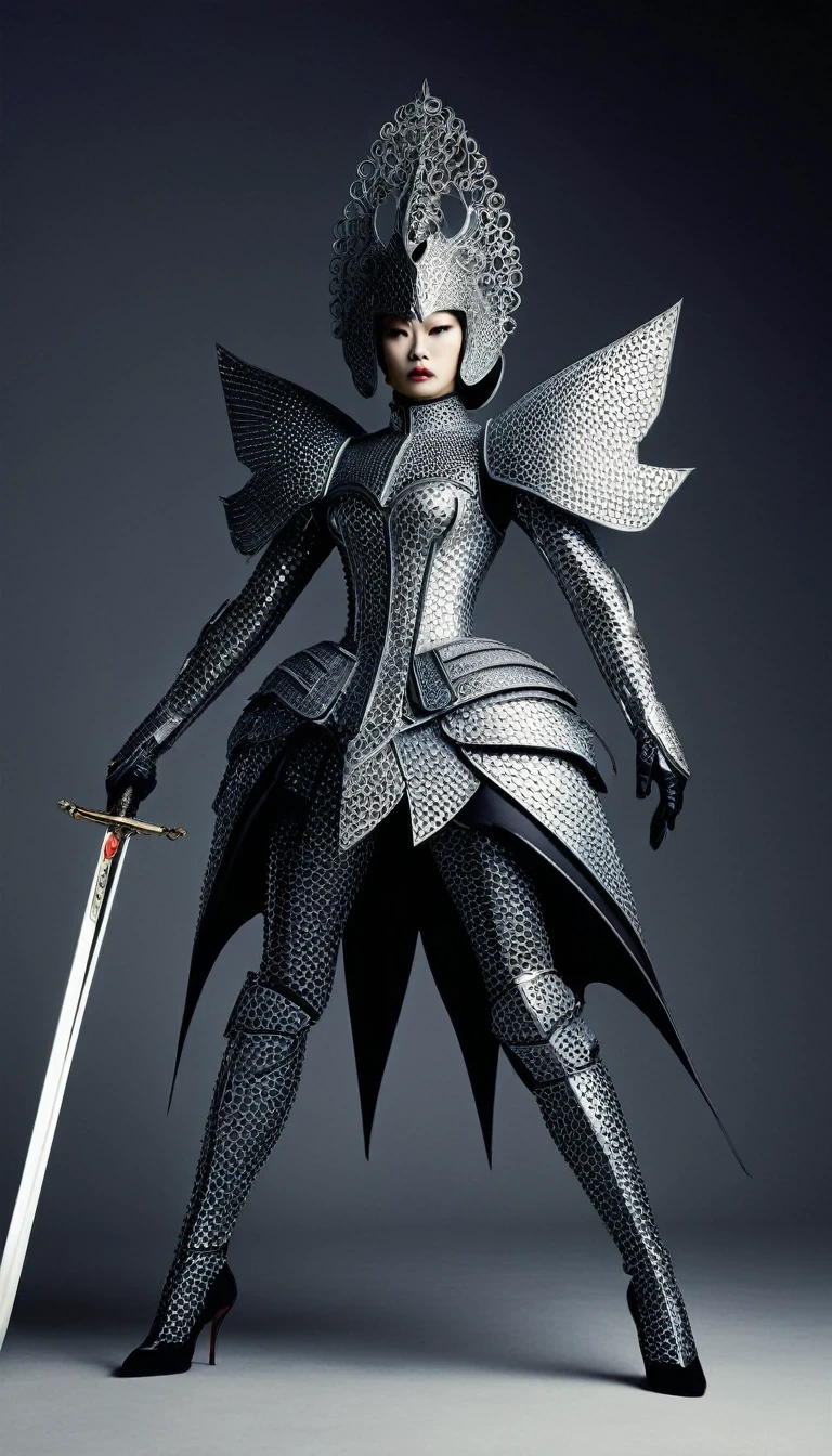 (Avant-garde and elegant tight combat suit design：1.3），Modern female warrior wielding a sword，Serge Lutens is known for his avant-garde elegance。His works continue to transcend the boundaries of traditional aesthetics，Combining elements of surrealism and futurism，While maintaining elegance。This unique combination makes his work both sophisticated and provocative.，Redefining the understanding of beauty and art。