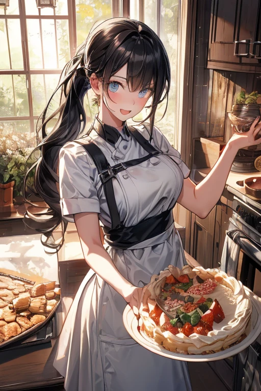 (dynamic angle:1.3, front view:1.1, breast focus:1.3, from above:1.1), (dynamic posing:1.2, sexy posing:1.2), (seductive smiling:1.3), ((looking at cake,Taking a cake out of the golden oven, worried about the outcome:1.2)),highest quality、(real、photorealistic:1.4),(ultra high resolution, 8K RAW photo, clear focus), best qualtiy, natural lighting, field depth, (Bright pupils, detailed beautiful eyes, high detailed face), Red lip, (tight focus:1.2), a girl 22yo old, Wearing a pastry chef uniform:1.3 , Thicc, thin breast, long hair, blue eyes,a pastry pretty girl:1.1, (highly detailed beautiful face and eyes,small breasts),real skin,((black,hair,long pony tail hair)),thin pubic hair,cute,lovely, detailed eyes,(double breasted:1.0,under bust:1.0),(with sparkling eyes and a contagious smile),open mouth, Looking at Viewer,A scene of cooking in the kitchen with the oven made by goldden 