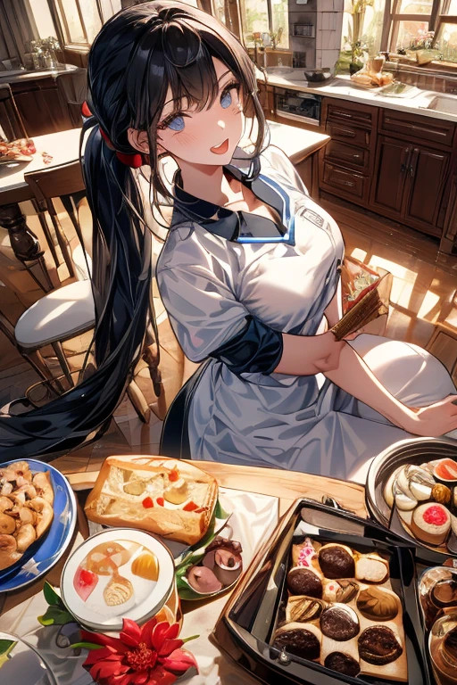 (dynamic angle:1.3, front view:1.1, breast focus:1.3, from above:1.1), (dynamic posing:1.2, sexy posing:1.2), (seductive smiling:1.3), ((looking at cake,Taking a cake out of the golden oven, worried about the outcome:1.2)),highest quality、(real、photorealistic:1.4),(ultra high resolution, 8K RAW photo, clear focus), best qualtiy, natural lighting, field depth, (Bright pupils, detailed beautiful eyes, high detailed face), Red lip, (tight focus:1.2), a girl 22yo old, Wearing a pastry chef uniform:1.3 , Thicc, thin breast, long hair, blue eyes,a pastry pretty girl:1.1, (highly detailed beautiful face and eyes,small breasts),real skin,((black,hair,long pony tail hair)),thin pubic hair,cute,lovely, detailed eyes,(double breasted:1.0,under bust:1.0),(with sparkling eyes and a contagious smile),open mouth, Looking at Viewer,A scene of cooking in the kitchen with the oven made by goldden