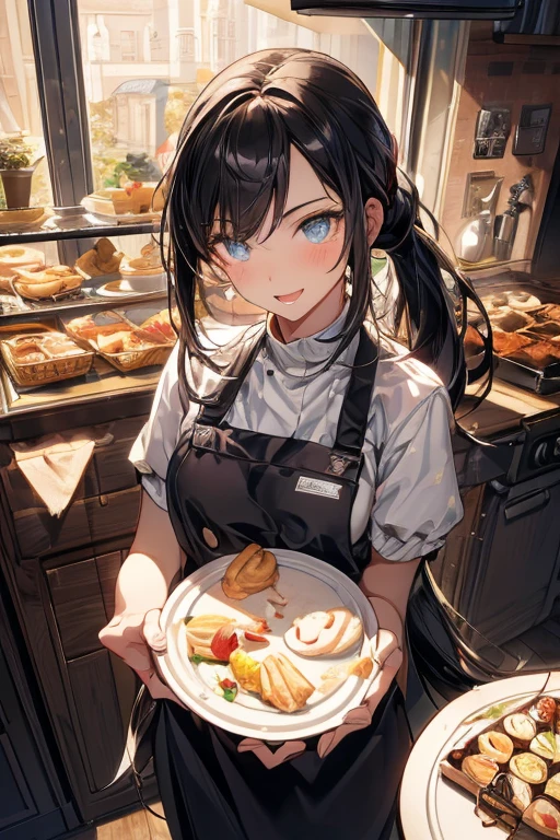 (dynamic angle:1.3, front view:1.1, breast focus:1.3, from above:1.1), (dynamic posing:1.2, sexy posing:1.2), (seductive smiling:1.3), ((looking at cake,Taking a cake out of the golden oven, worried about the outcome:1.2)),highest quality、(real、photorealistic:1.4),(ultra high resolution, 8K RAW photo, clear focus), best qualtiy, natural lighting, field depth, (Bright pupils, detailed beautiful eyes, high detailed face), Red lip, (tight focus:1.2), a girl 22yo old, Wearing a pastry chef uniform:1.3 , Thicc, thin breast, long hair, blue eyes,a pastry pretty girl:1.1, (highly detailed beautiful face and eyes,small breasts),real skin,((black,hair,long pony tail hair)),thin pubic hair,cute,lovely, detailed eyes,(double breasted:1.0,under bust:1.0),(with sparkling eyes and a contagious smile),open mouth, Looking at Viewer,A scene of cooking in the kitchen with the oven made by goldden
