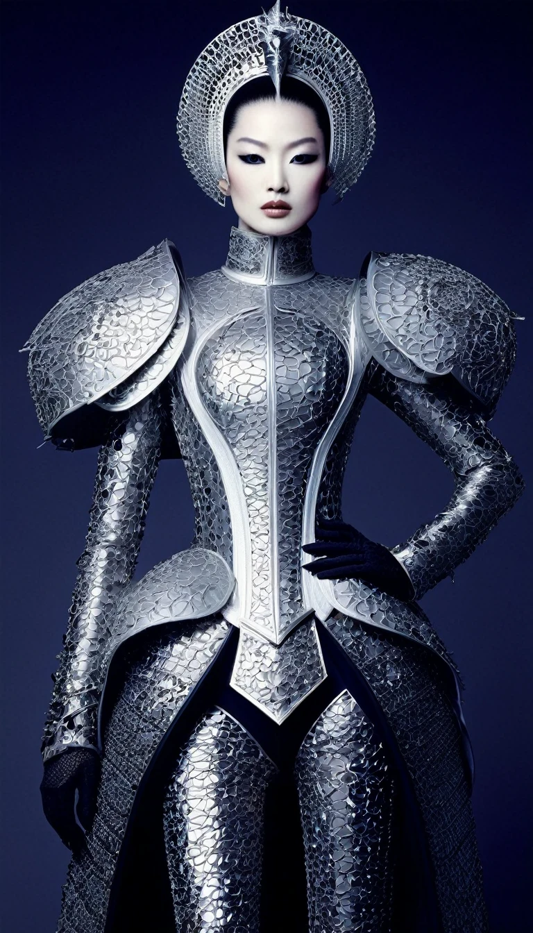 (Avant-garde and elegant tight combat suit design：1.3），Female Warrior，Serge Lutens is known for his avant-garde elegance。His works continue to transcend the boundaries of traditional aesthetics，Combining elements of surrealism and futurism，While maintaining elegance。This unique combination makes his work both sophisticated and provocative.，Redefining the understanding of beauty and art。