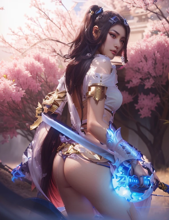 Arafad image of a woman holding a sword and sword, Game CG, g liulian art style, Blade and Soul, 一位美丽的Female Warrior, Beautiful ass，Female Warrior, Female knight in bikini armor, Wang Chen, The cover of a new video game, katana zero video game character, xianxia hero, Popular on cgstation