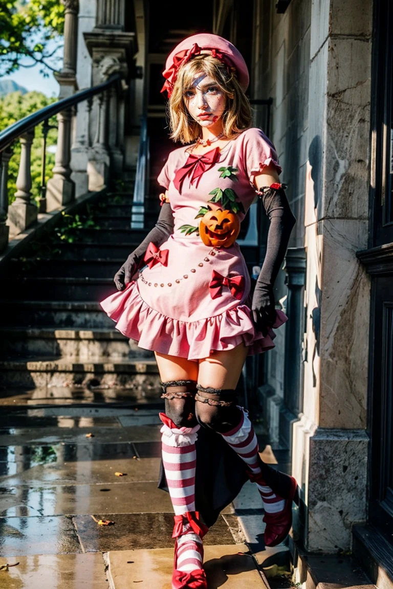 (masterpiece),(best quality), 16k CGI render ((photography)), photorealistic, lambdadelta, dress, shoes bow, red shoes, striped stockings, red bow, pink hat, pumpkin brooch, necklace, gloves, pearl, walking, smile, stairs, temple, mountain, forest, looking at the viewer, close up, pretty face, gorgeous, nice legs, 