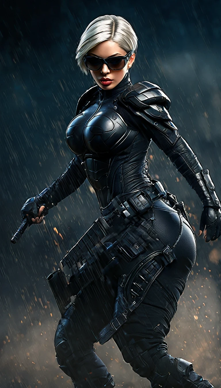 a beautiful fit female warrior holding a gun, Very short hair，，in style of Jasmine Becket-Griffith , warrior character,wearing a tight-fitting black combat stealth suit, comfortable and stretchy nylon fabric, cyberpunk, gothic style, in the style of Amanda Sage, sunglasses, helmet, (best quality,4k,8k,highres,masterpiece:1.2),ultra-detailed,(realistic,photorealistic,photo-realistic:1.37),hyperdetailed skin, extremely detailed eyes and face, beautiful detailed lips, longeyelashes, muscular athletic body, action pose, dramatic lighting, deep shadows, neon lights, moody atmosphere, dark color palette