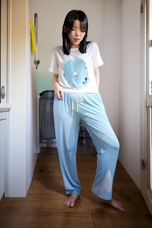 Japanese Girl thin body wearing a white short-sleeved t-shirt sees the ghost and pees her light blue lose pajama pants until his pants are wet pants in fright.