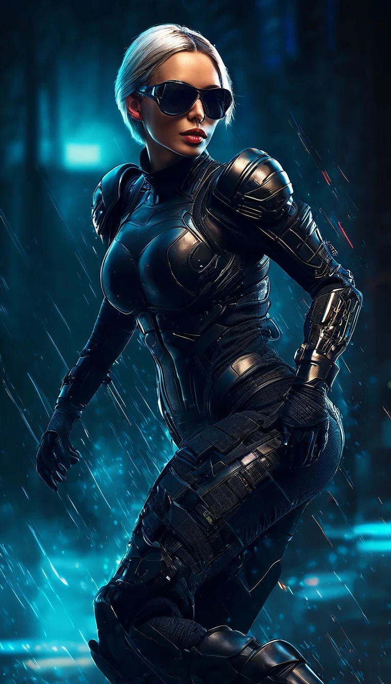 a beautiful fit female warrior holding a gun, Very short hair，wearing a tight-fitting black combat stealth suit, comfortable and stretchy nylon fabric, cyberpunk, gothic style, in the style of Amanda Sage, sunglasses, helmet, (best quality,4k,8k,highres,masterpiece:1.2),ultra-detailed,(realistic,photorealistic,photo-realistic:1.37),hyperdetailed skin, extremely detailed eyes and face, beautiful detailed lips, longeyelashes, muscular athletic body, action pose, dramatic lighting, deep shadows, neon lights, moody atmosphere, dark color palette