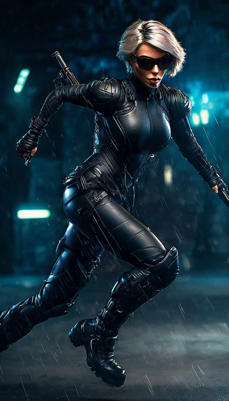 a beautiful fit female warrior holding a gun, Very short hair，wearing a tight-fitting black combat stealth suit, comfortable and stretchy nylon fabric, cyberpunk, gothic style, in the style of Amanda Sage, sunglasses, helmet, (best quality,4k,8k,highres,masterpiece:1.2),ultra-detailed,(realistic,photorealistic,photo-realistic:1.37),hyperdetailed skin, extremely detailed eyes and face, beautiful detailed lips, longeyelashes, muscular athletic body, action pose, dramatic lighting, deep shadows, neon lights, moody atmosphere, dark color palette