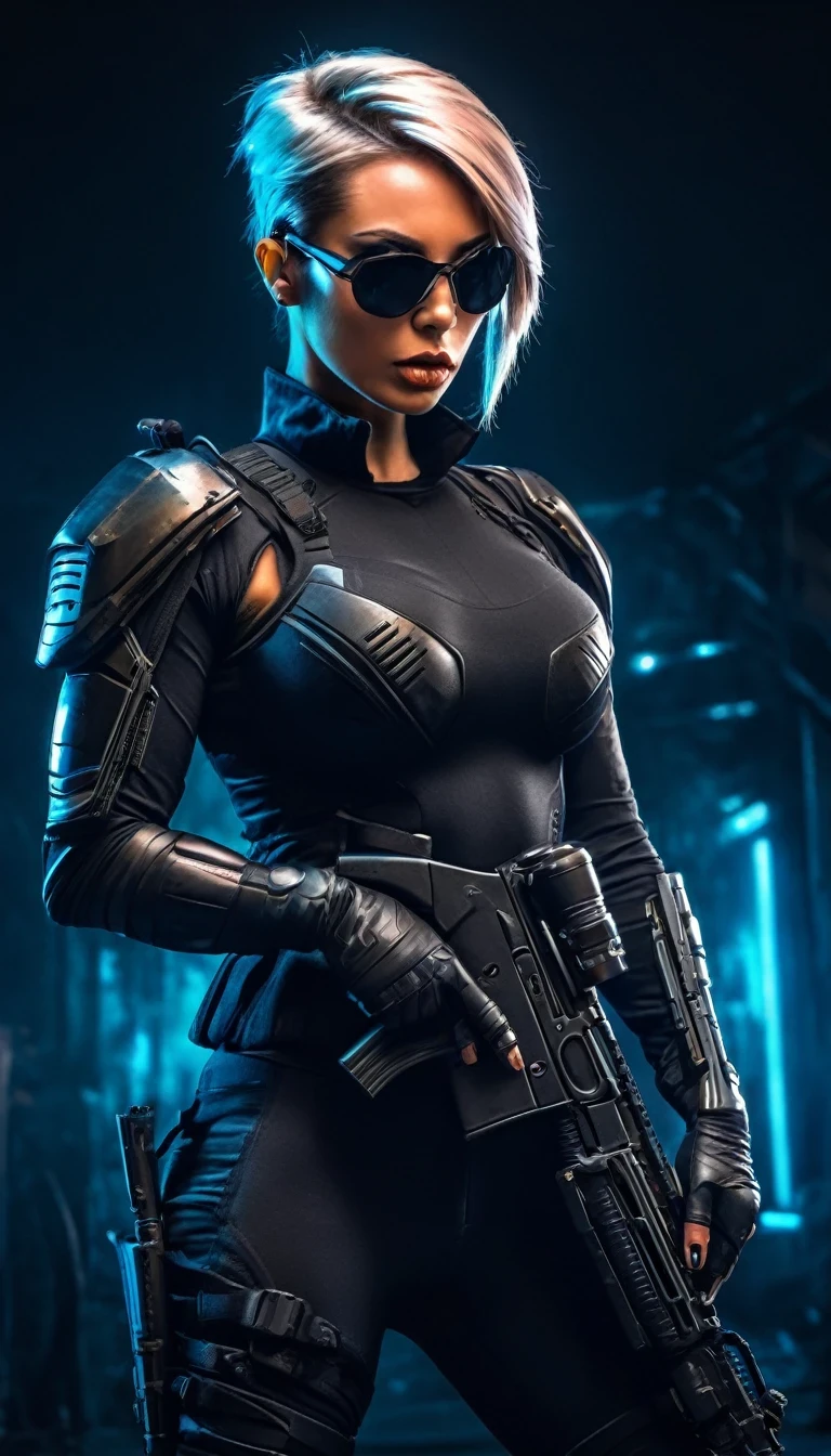 a beautiful fit female warrior holding a gun, Very short hair，wearing a tight-fitting black combat stealth suit, comfortable and stretchy nylon fabric, cyberpunk, gothic style, in the style of Amanda Sage, sunglasses, helmet, (best quality,4k,8k,highres,masterpiece:1.2),ultra-detailed,(realistic,photorealistic,photo-realistic:1.37),hyperdetailed skin, extremely detailed eyes and face, beautiful detailed lips, longeyelashes, muscular athletic body, action pose, dramatic lighting, deep shadows, neon lights, moody atmosphere, dark color palette