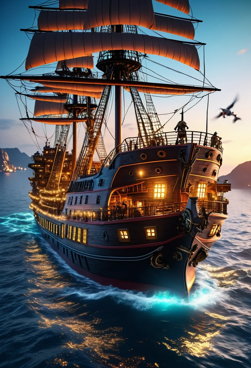 8k, fotografia hiper-realista, Tech pirates on ships floating on the water with lights and turbines, pirates are human and have technological body parts, 