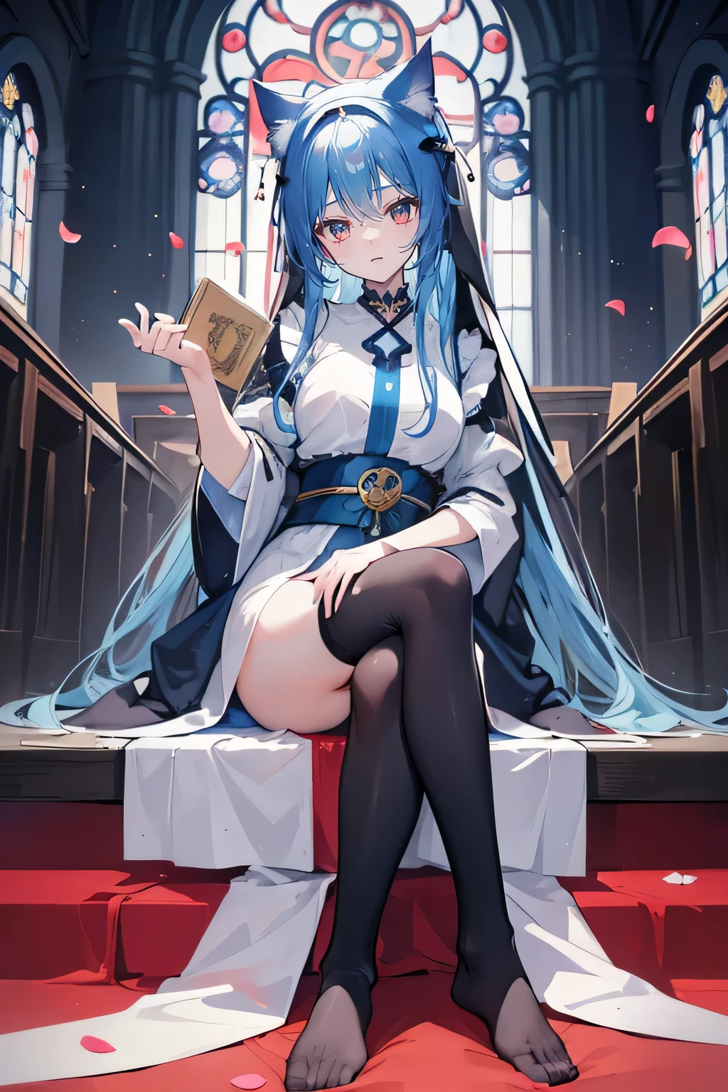 (masterpiece:1.2),Extremely detailed,Practical,expressive eyes,Fair skin,Perfect face shaping,1 Girl,
Japanese cartoons,Gorgeous blue hair, the long flowing blue hair,Floating clothes,Cat ears,Petals fall,beautiful lola,Young Angel,
Place your hands on your waist,sit elegantly on the ground,Cross your legs,Gentle and peaceful background,church,Nun&#39;s Clothes,back view,lie on the water,Large Breasts, H Cup, Good breasts, Place your hands on your waist,beautiful, Gorgeous,Japanese cartoons,girl,Lola,Hina Angel, Blue Hair, Blue Haired,Tent breasts, tent box, tent chest, Floating clothes,Grab your waist, Grab your waist, Hands on Hips , hands on hips,sit, sit on ground, Legs on the ground. 