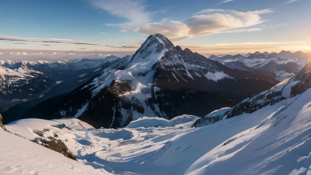 Scenery of Mt Alps, shoot at peak top, snow and glacier surround, panoramic view, sunrise morning, 8k photorealistic