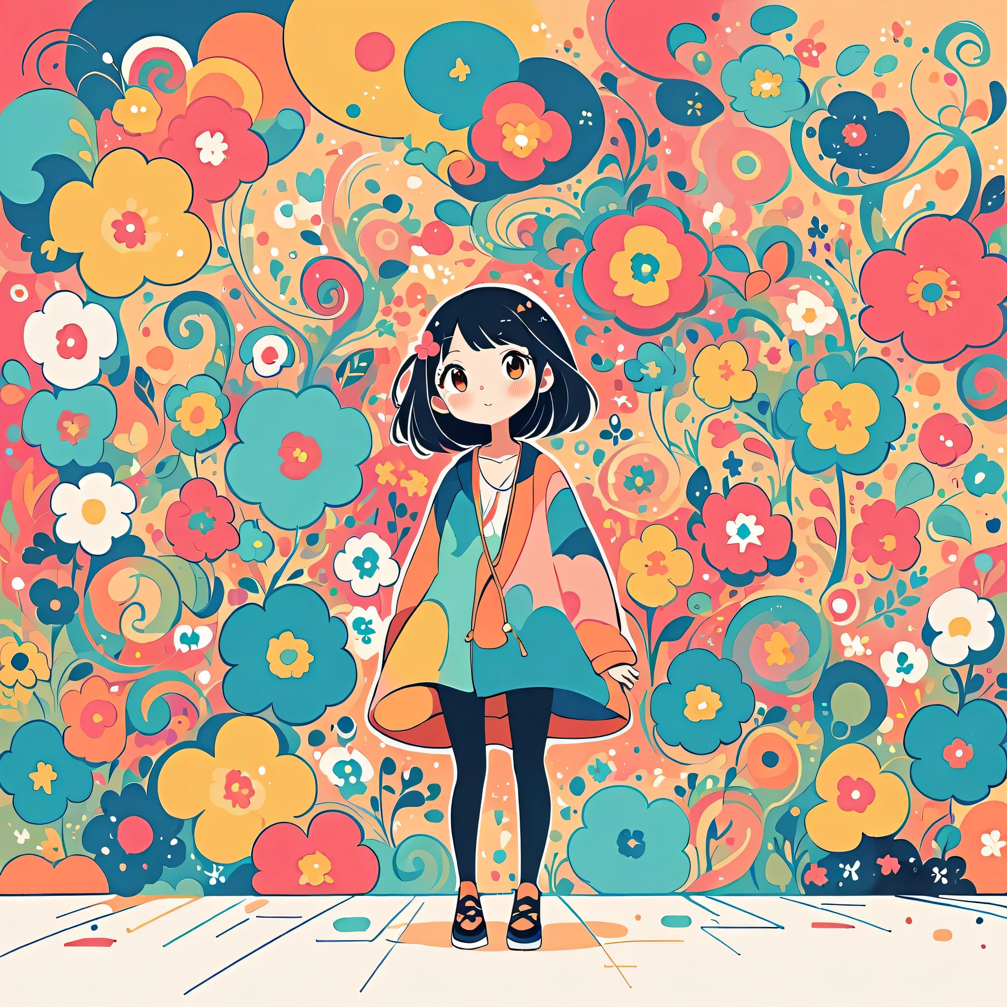 Mai Yoneyama style, Standing in front of a high wall,Simple Line Initialism,Abstract art,Urban Background, (((The most beautiful girl))), colorful flowers