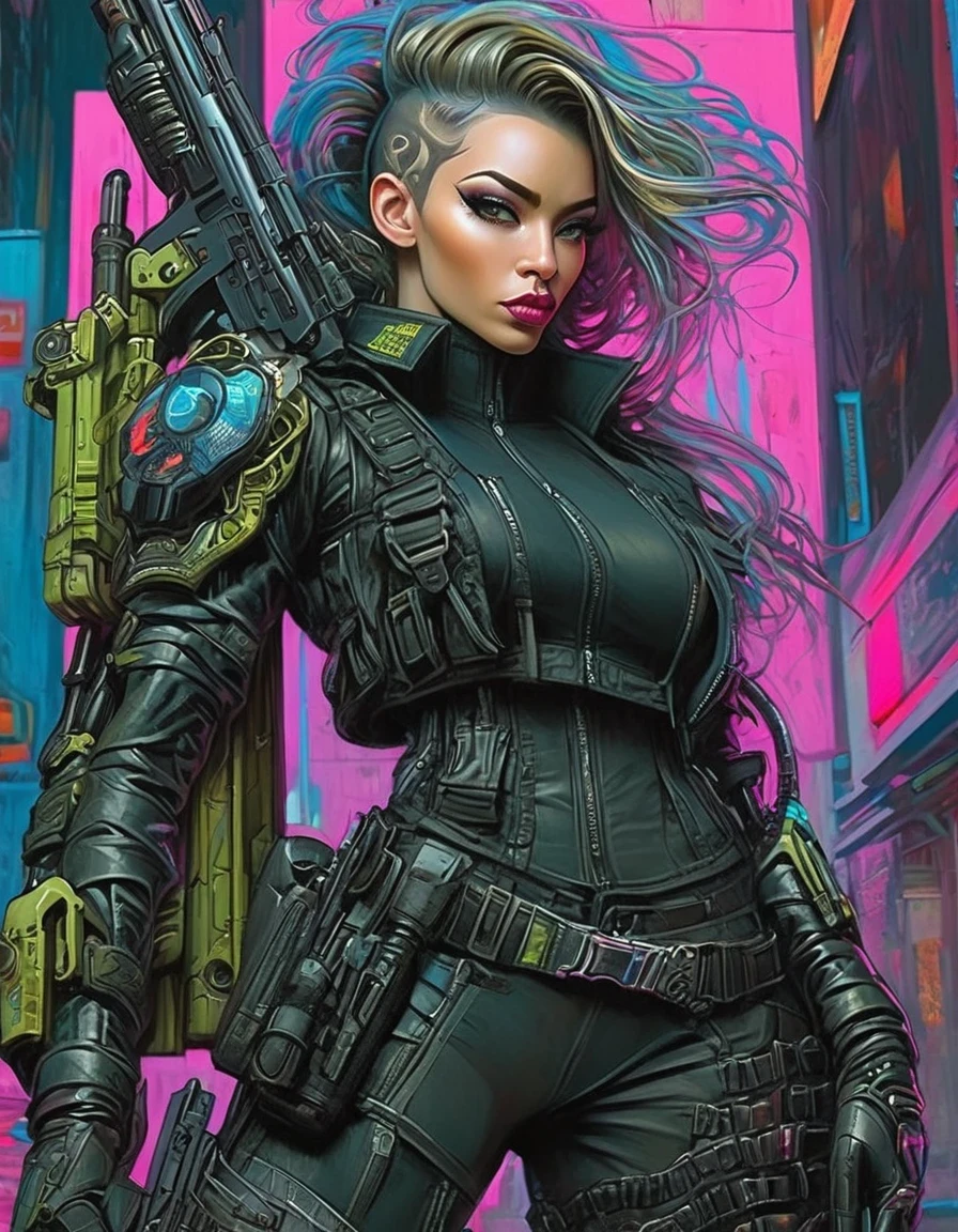 Beautiful soldier with gun，Tight combat clothing，Cyberpunk，Gothic，in style of Amanda Sage