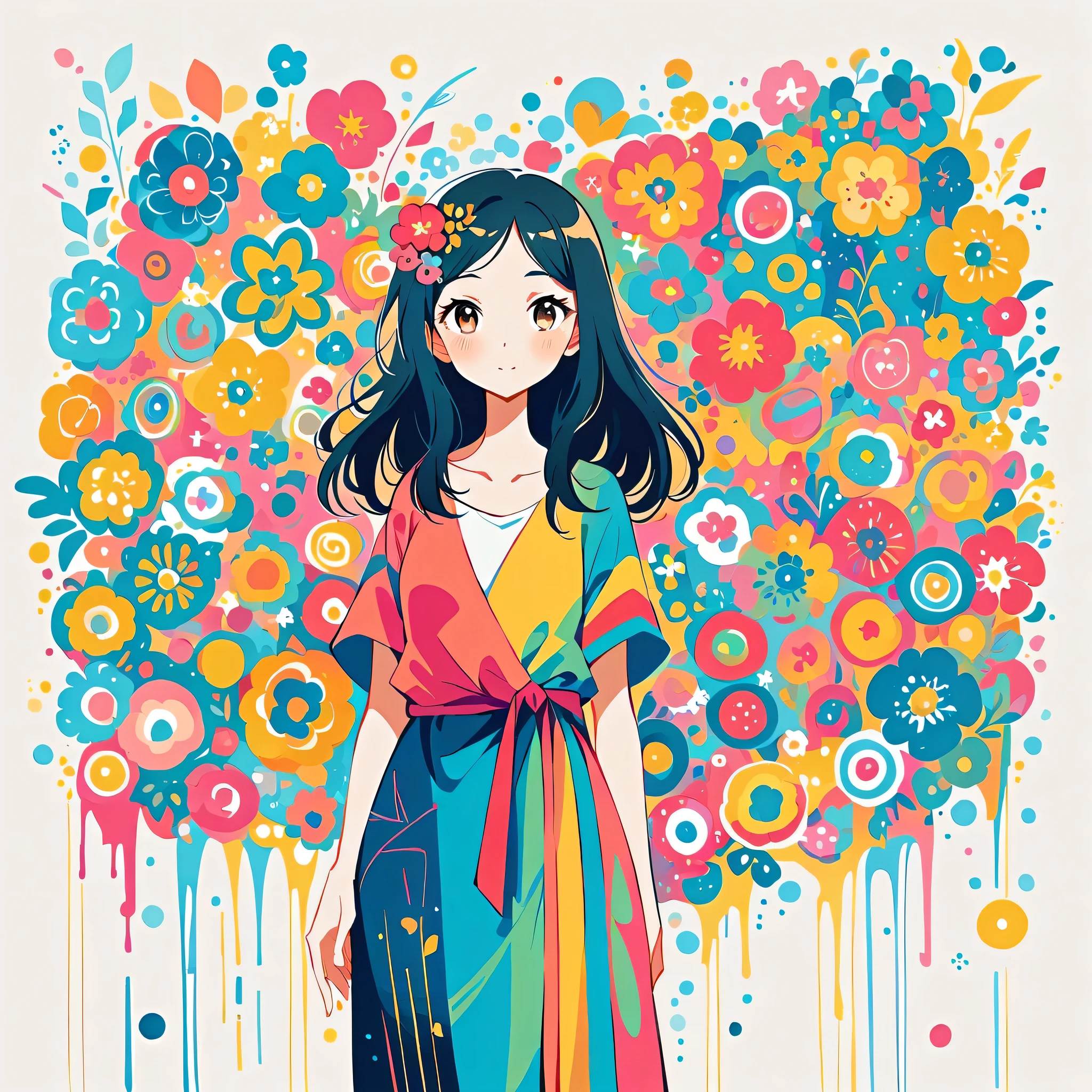 Mai Yoneyama style, Standing in front of a high wall，Simple Line Initialism，Abstract art，Urban Background, (((The most beautiful girl))), colorful flowers