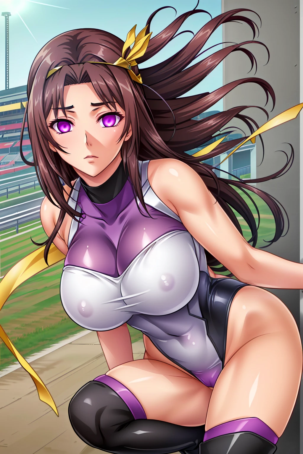 (Browsing Caution:1.3), (masterpiece:1.2, highest quality), (Realistic, photoRealistic:1.4), Beautiful illustrations, (Natural Side Lighting, Cinema Lighting), avert your eyes, (Cowboy Shot), 1 girl, Grid Girls, 40 years old, (((Mature Woman))), (Beautiful anime faces), Japanese, Perfect Face, Perfect Anatomy, Symmetrical cute face, Shiny skin, Blunt bangs, (Intense glowing purple eyes:1.9), Beautiful Hair, Beautiful Face, Beautiful clavicle, Beautiful body, Beautiful breasts, Beautiful thighs, Beautiful legs, Beautiful fingers, ((Grid Girls, Racing Suits, A semi-transparent race queen costume with delicate embroidery:1.3. Purple and black see-through bodysuit with sponsor logo:1.3, Shiny arm covers:1.3, Shiny knee-high boots:1.3)), (Beautiful views), Written boundary depth, (Late Night, moonlight, Suzuka Circuit), (Naughty pose, M-shaped foot), (Hollow Gaze, Emotional erasure), (Tall Woman, Slim figure, Firm breasts), (Large circlet mind control device:1.4)
