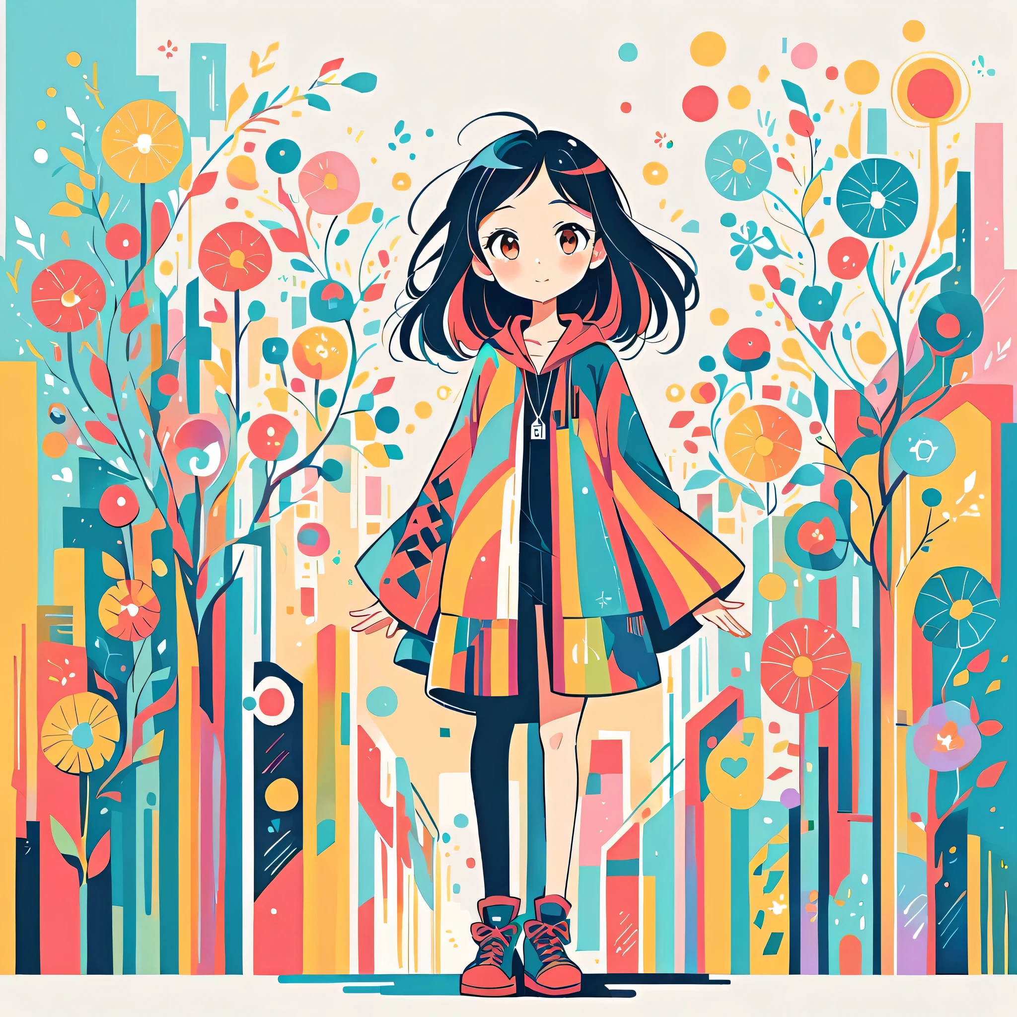 Mai Yoneyama style, Standing in front of a high wall，Simple Line Initialism，Abstract art，Urban Background, (((The most beautiful girl))), colorful flowers