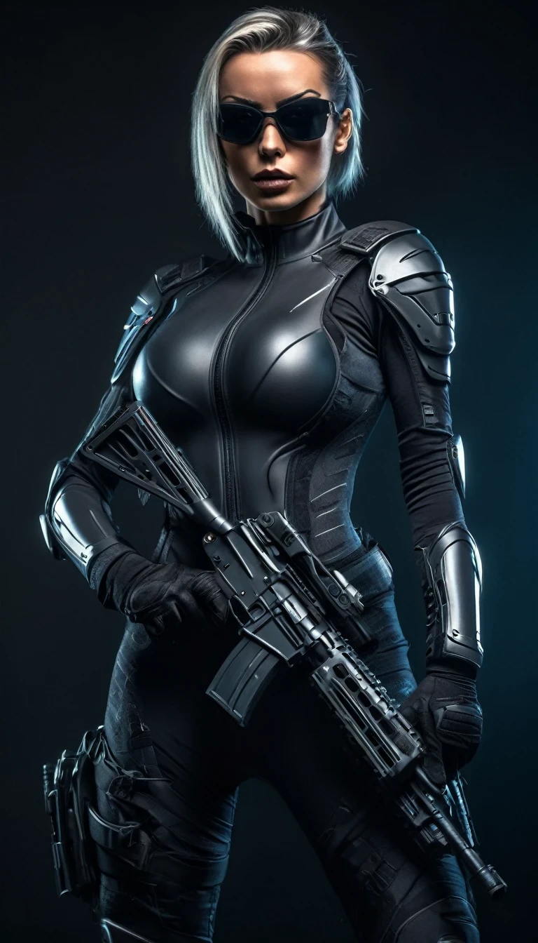 Beautiful and fit female warrior, holding a gun, wearing a tight dark gray combat stealth suit, comfortable and stretchy nylon fabric, cyberpunk, gothic style, in the style of Amanda Sage, wearing sunglasses and a helmet, (Best Quality, 4K, 8K, High Resolution, Masterpiece: 1. 2), Ultra-detailed, (Realistic, Realistic, Photo-Realistic: 1. 37), Ultra Fine Skin, Extremely Fine Eyes and Face, Beautiful Fine Lips, Long Eyelashes, Muscular Athlete Body, Action Poses, Dramatic Lighting, Deep Shadows, Neon Lights, Moody Atmosphere, Dark Color Palette