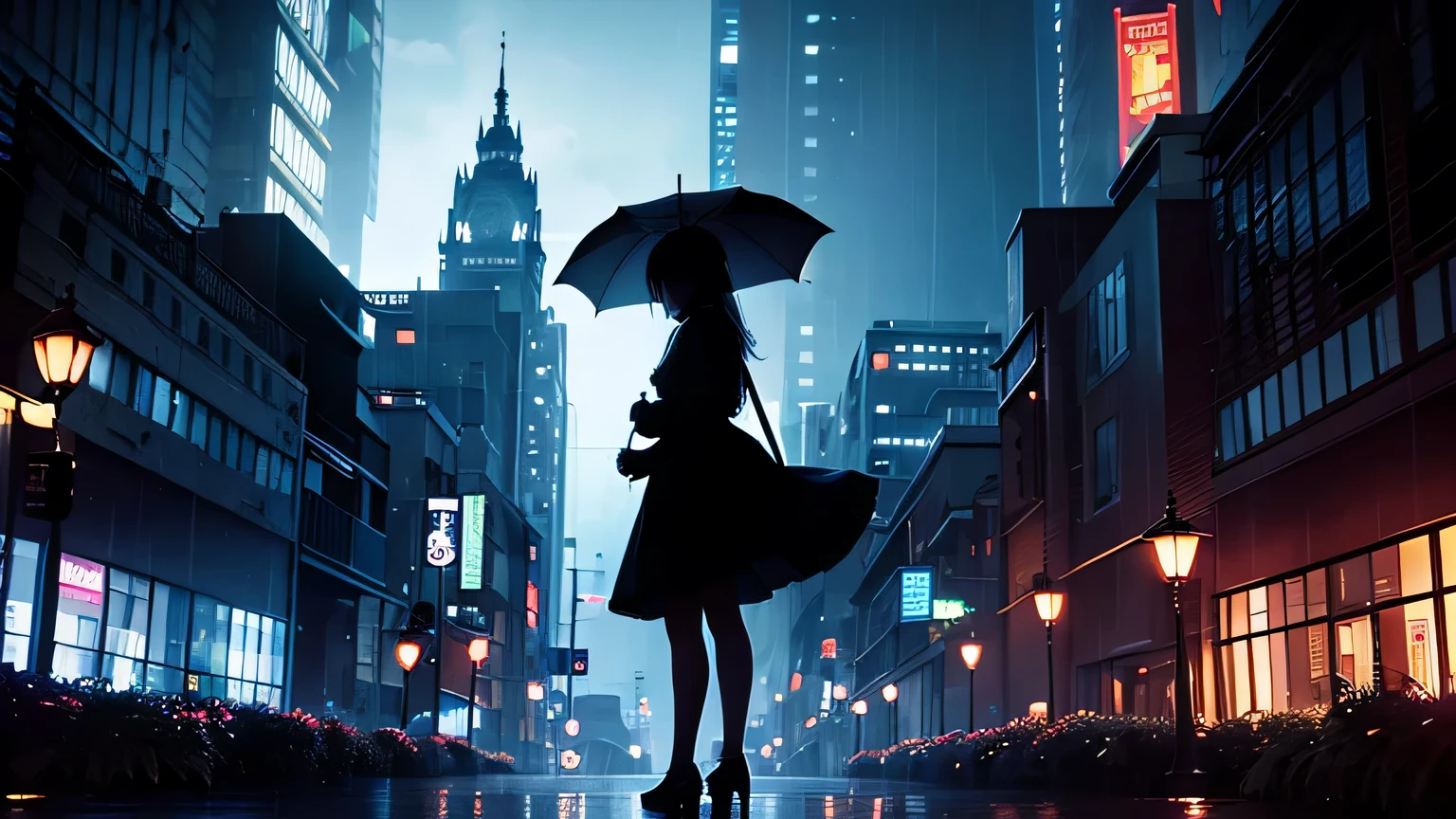 night rain Silhouette of a girl holding an umbrella City Near future dark