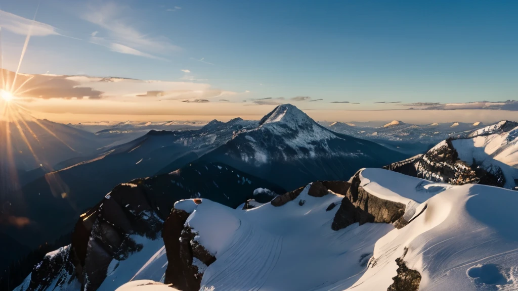 Scenery of Mt Alps, shoot at peak top, panoramic view, sunrise morning, 8k photorealistic