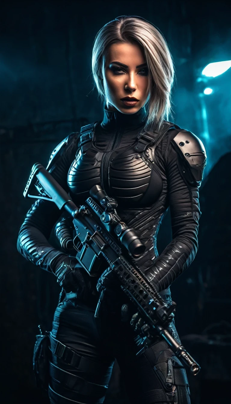 a beautiful fit female warrior holding a gun, wearing a tight-fitting black combat stealth suit, comfortable and stretchy nylon fabric, cyberpunk, gothic style, in the style of Amanda Sage, sunglasses, helmet, (best quality,4k,8k,highres,masterpiece:1.2),ultra-detailed,(realistic,photorealistic,photo-realistic:1.37),hyperdetailed skin, extremely detailed eyes and face, beautiful detailed lips, longeyelashes, muscular athletic body, action pose, dramatic lighting, deep shadows, neon lights, moody atmosphere, dark color palette