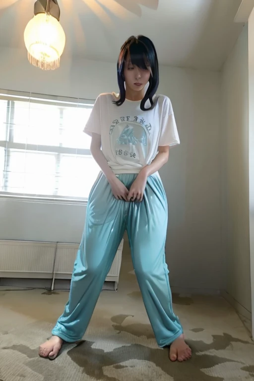 Japanese Girl thin body wearing a white short-sleeved t-shirt sees the ghost and pees her light blue lose pajama pants until his pants are wet pants in fright.