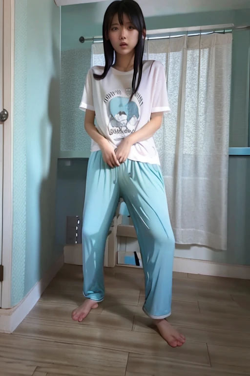 Japanese Girl thin body wearing a white short-sleeved t-shirt sees the ghost and pees her light blue loose pajama pants until his pants are wet pants in fright.