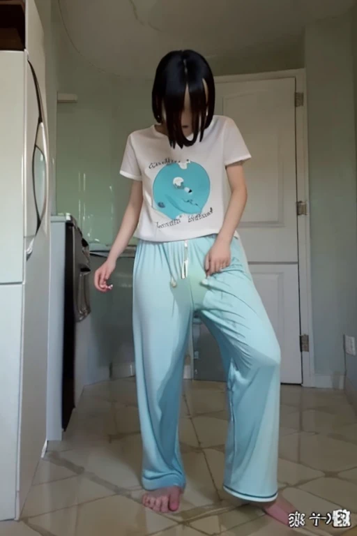 Japanese Girl thin body wearing a white short-sleeved t-shirt sees the ghost and pees her light blue loose pajama pants until his pants are wet pants in fright.