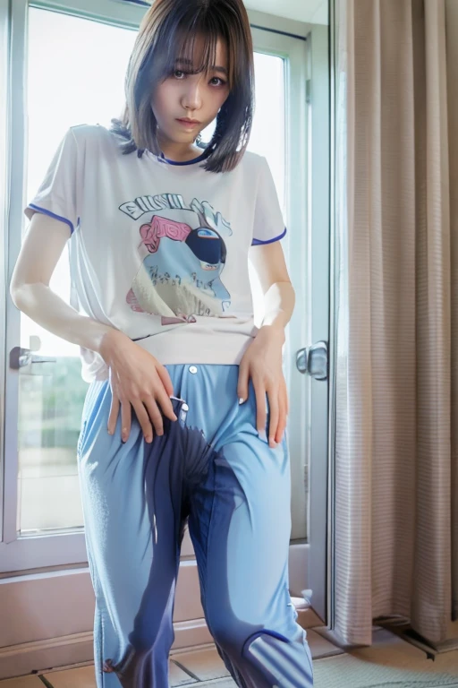 Japanese Girl thin body wearing a white short-sleeved t-shirt sees the ghost and pees her light blue loose pajama pants until his pants are wet pants in fright.