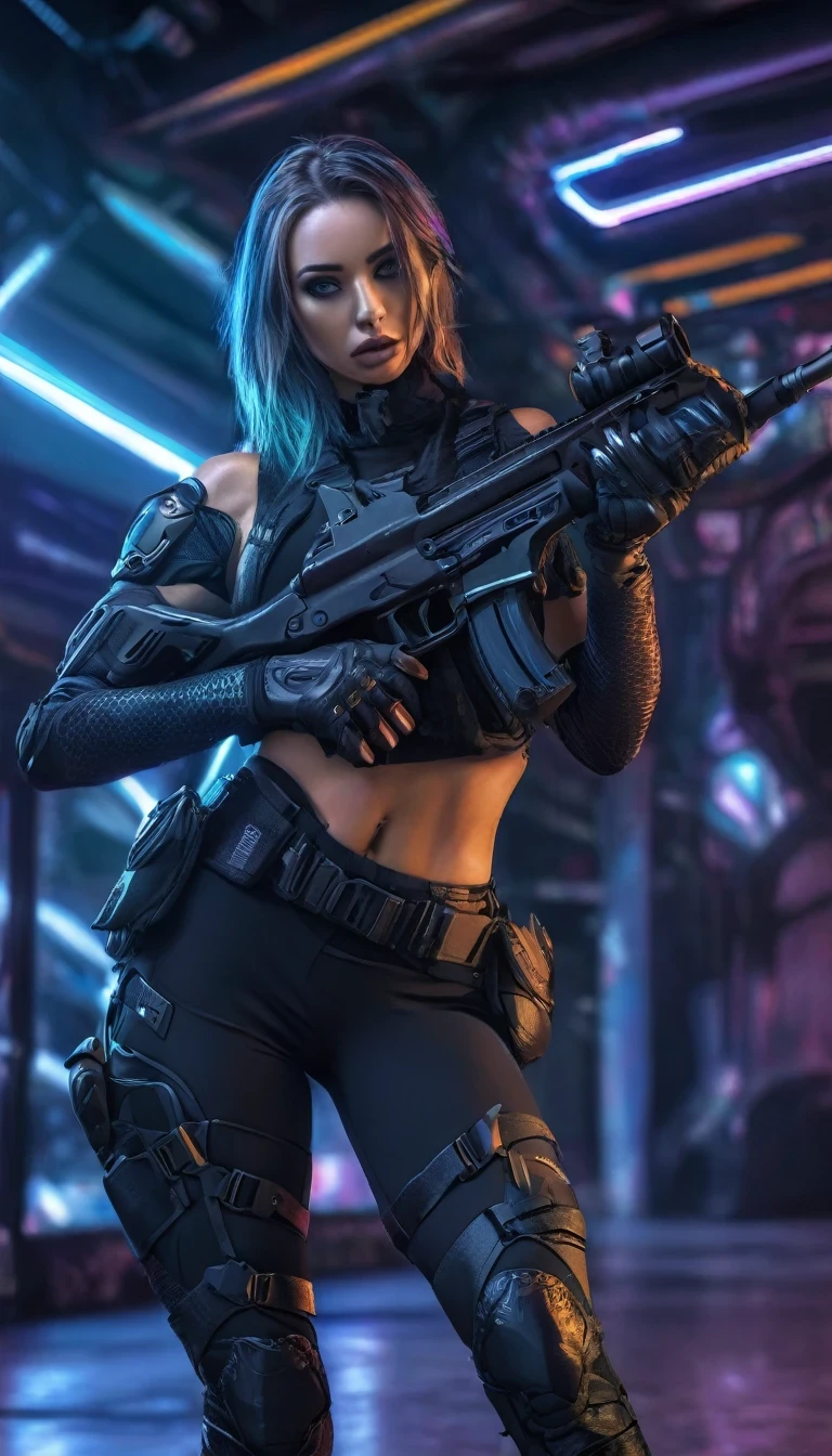 a beautiful fit female warrior holding a gun, wearing a tight-fitting black combat stealth suit, comfortable and stretchy nylon fabric, cyberpunk, gothic style, in the style of Amanda Sage, sunglasses, helmet, (best quality,4k,8k,highres,masterpiece:1.2),ultra-detailed,(realistic,photorealistic,photo-realistic:1.37),hyperdetailed skin, extremely detailed eyes and face, beautiful detailed lips, longeyelashes, muscular athletic body, action pose, dramatic lighting, deep shadows, neon lights, moody atmosphere, dark color palette