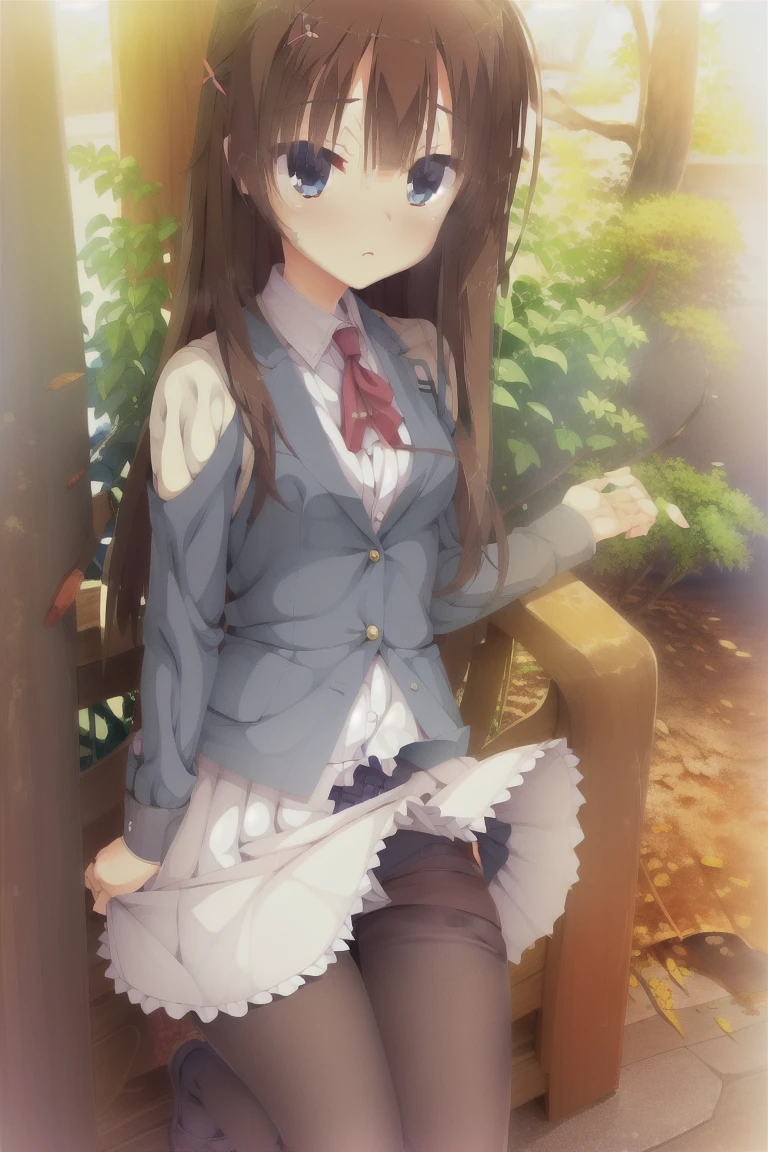 Top quality, masterpiece, High resolution, (whole body), front, Symmetric, Mature , alone, (whole body from head to toe), Small breasts, Long Hair, slightly Messy Hair, (black tights), ( (Black Pantyhose), Black Pantyhose, composition Showing white panties, slender beautiful feet, とてもbeautiful17歳の少女 (No shoes) feet), Blushing, 恥ずかしがり屋の大きなeye, (short (Brown Hair)), (bangs), Messy Hair, (Hair Clip), カメラeye線, Showing white panties, White frilly lingerie, High  Blazer, High school uniform white blouse, High  with blue ribbon, high with short plaid pattern and navy pleated skirt,full body, Character portrait, whole body, expensive_solve, clear_image, expensive_Contrast, 8k, Sparkling, beautiful_detailed_face_and_eye, (Brown Hair:1.25), 白 eye