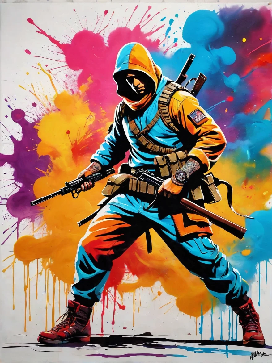 masterpiece, best quality, Color ink painting, 男性contour，Armed combatants，Combat tights，dynamic姿势，contour，Graffiti splashes，Bold Colors，dynamic，Colorful，Abstract Painting，Look closely，Like a person，artwork，mystery，design，colorful inkpainting