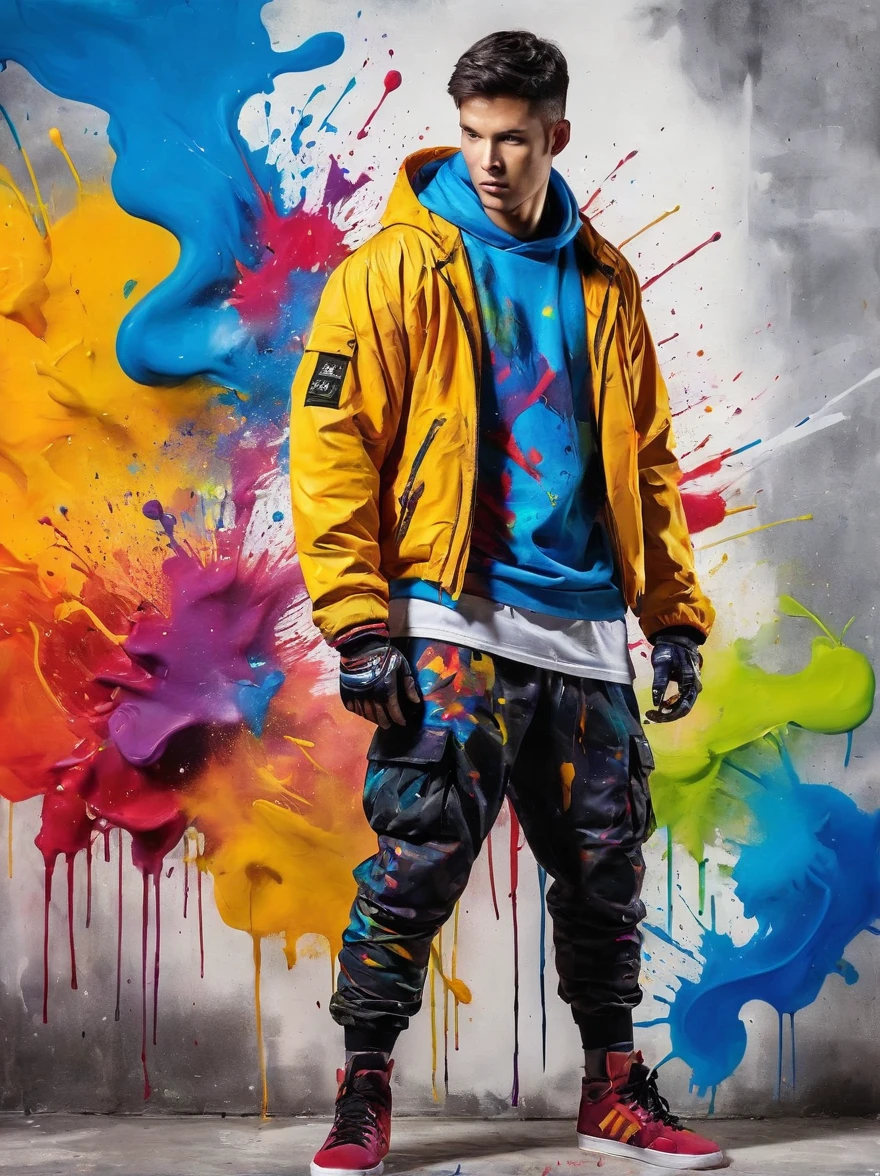 masterpiece, best quality, Color ink painting, 男性contour,Armed combatants,Combat tights,dynamic姿势,contour,Graffiti splashes,Bold Colors,dynamic,Colorful,Abstract Painting,Look closely,Like a person,artwork,mystery,design,colorful inkpainting
