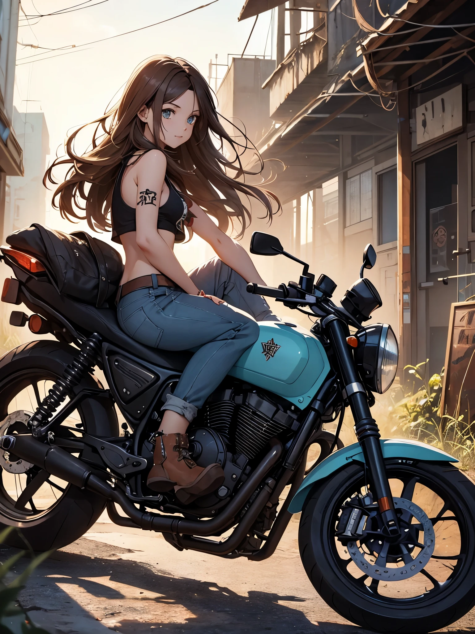 masterpiece, best quality,1girl,(watercolor painting):1.2,pencil sketch,BREAK,18 years old, (jitome), delicious flat chest, (cyan eyes):1.2, long hair, strait hair,blond hair,empty_eyes,BREAK(red_rune_forehead_tattoo):1.8,BREAK White tank top,denim shorts, fingerless gloves, Work boots,Hip Hop, Punk Look, Chain, darkbrown leather jacket,Expressionless,small smile,BREAKA photorealistic image of a young girl, Eliana, about 18 years old, riding her vintage 1970s-style black motorcycle through the ruins of an abandoned city at dusk. The scene captures her in a cowboy shot, riding intently through the decaying urban landscape. The ruins are filled with crumbled buildings, overgrown vegetation, and scattered debris, providing a stark contrast to the magical glow emanating from her motorcycle. Eliana is in side profile, focused on her path, her long ブルネット hair flowing behind her. The background conveys a sense of desolation and mystery, enhancing the post-apocalyptic fantasy setting.BREAKmasterpiece, best quality, ultra detailed, highres,4k,(ultra-detailed:1.4), newest,BREAKduch angle,cowboy shot,