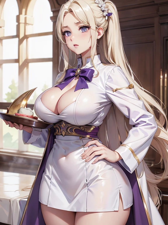high resolution, masterpiece, at least it has, halberd-eating horse, Blonde, Solitary, 1個Giant Breast Girl, 可爱的Large Breasts (((Large Breasts、Breast sagging、Low-cut,Cleavage ,Wide hips,)))((Long legs)),Hourglass figure))), Delicate eyes, Long gray hair, Purple Eyes, Chef uniform, White夾克, White
