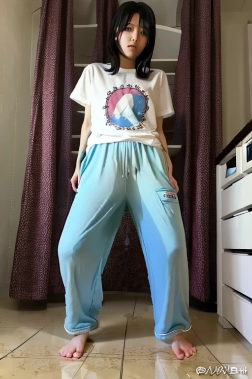 Japanese Girl thin body wearing a white short-sleeved t-shirt sees the ghost and pees her light blue lose pajama pants until his pants are wet pants in fright.