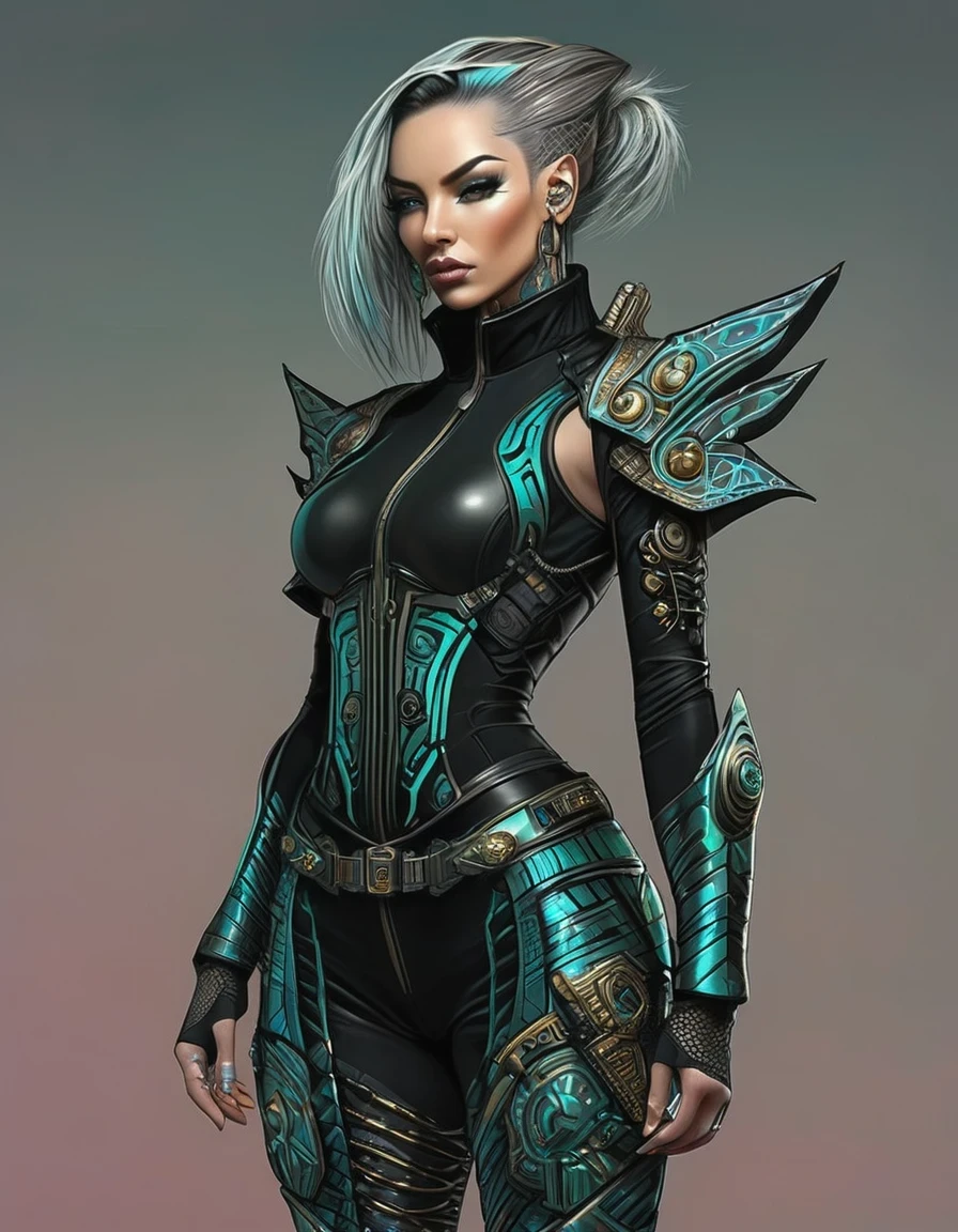 Tight combat clothing,Cyberpunk,Gothic, warrior character, full body,,in style of Amanda Sage,in style of Amanda Sage ,