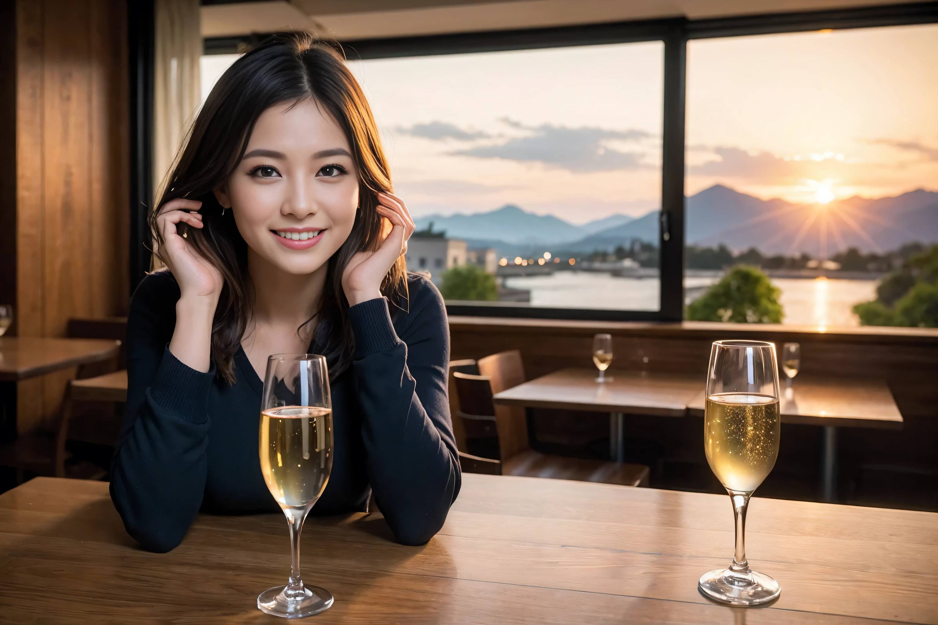 ((highest quality、8k、masterpiece:1.3))、1 male、1 female、Couple、Spouse、Satomi Ishihara-like beautiful couple、The body is slim、((Bob Hale、Straight hair:1.2)), (Realistic, Intricate details:1.2), Wine glass on the table、Shine light on your face、 Amazing view of the sunset sky and clouds、Amazing mountain views、A bright smile、The wonderfulness of smile、Bright image、The beauty of wine, Beautiful Face, blue eyes, The light shines on your face, Blushing, short hair,Bright Face、 (43 years old), 39 years old, red wine 、Appetizers、Italian food、Wine bottle、Champagne、sparkling wine、Two beauties、Brown Hair、Shortcuts、Long sleeve shirt、dress、Pretty Woman 1, (Slim face), (The body is slim), (Brown Hair), (Shortcuts), cheeks turn a little red,Attractive beauty、restaurant, In a prominent place (From the waist up) Nova Frog Style, actress, model, Upper Body, White wine, slim, wine glass, A wine glass placed in the center, smile, (smile: 1.15), Beautiful fine grain, Depth f/2,saturation, High Contrast, Strong light and shadow,Moist Body:1.5、3D texture、Delicate eyes、Brown Hair、The hair is very shiny、