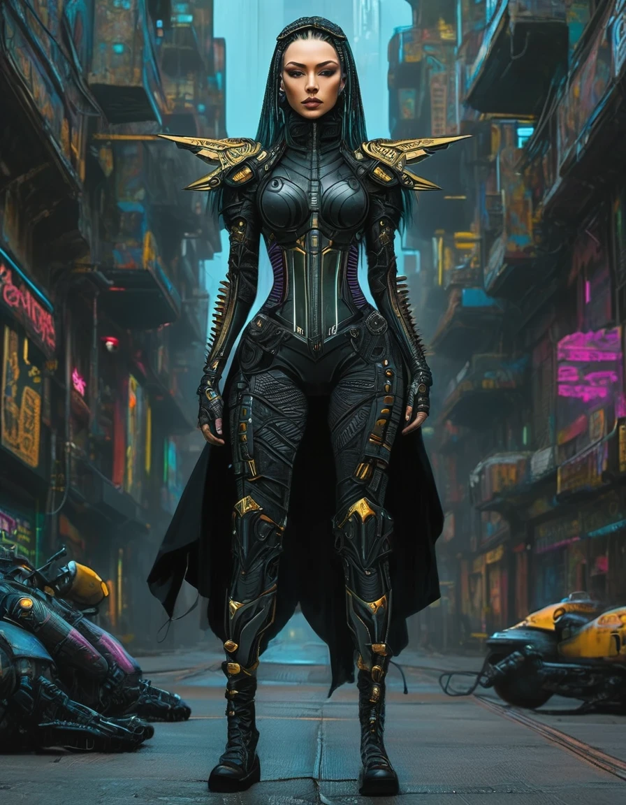 Tight combat clothing，Cyberpunk，Gothic， warrior character, full body,，in style of Amanda Sage，in style of Amanda Sage ,