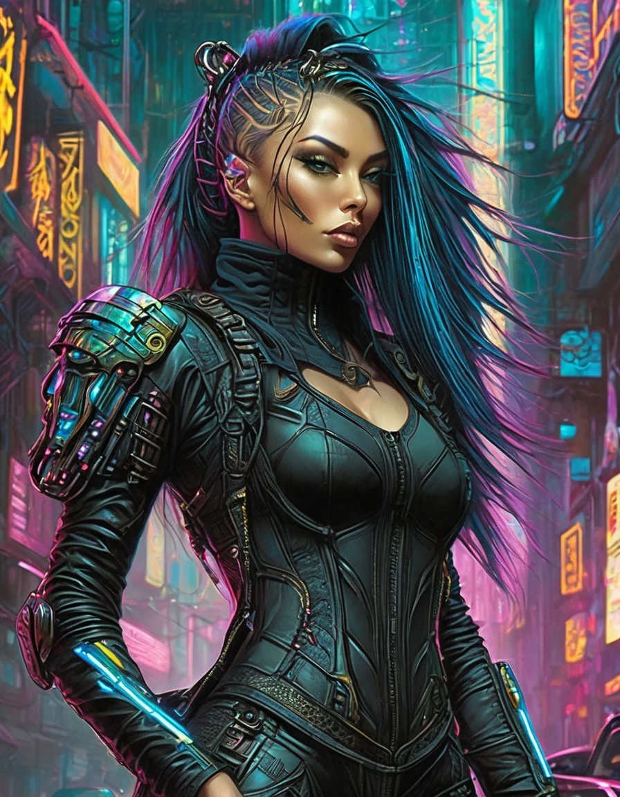 Tight combat clothing,Cyberpunk,Gothic,in style of Amanda Sage