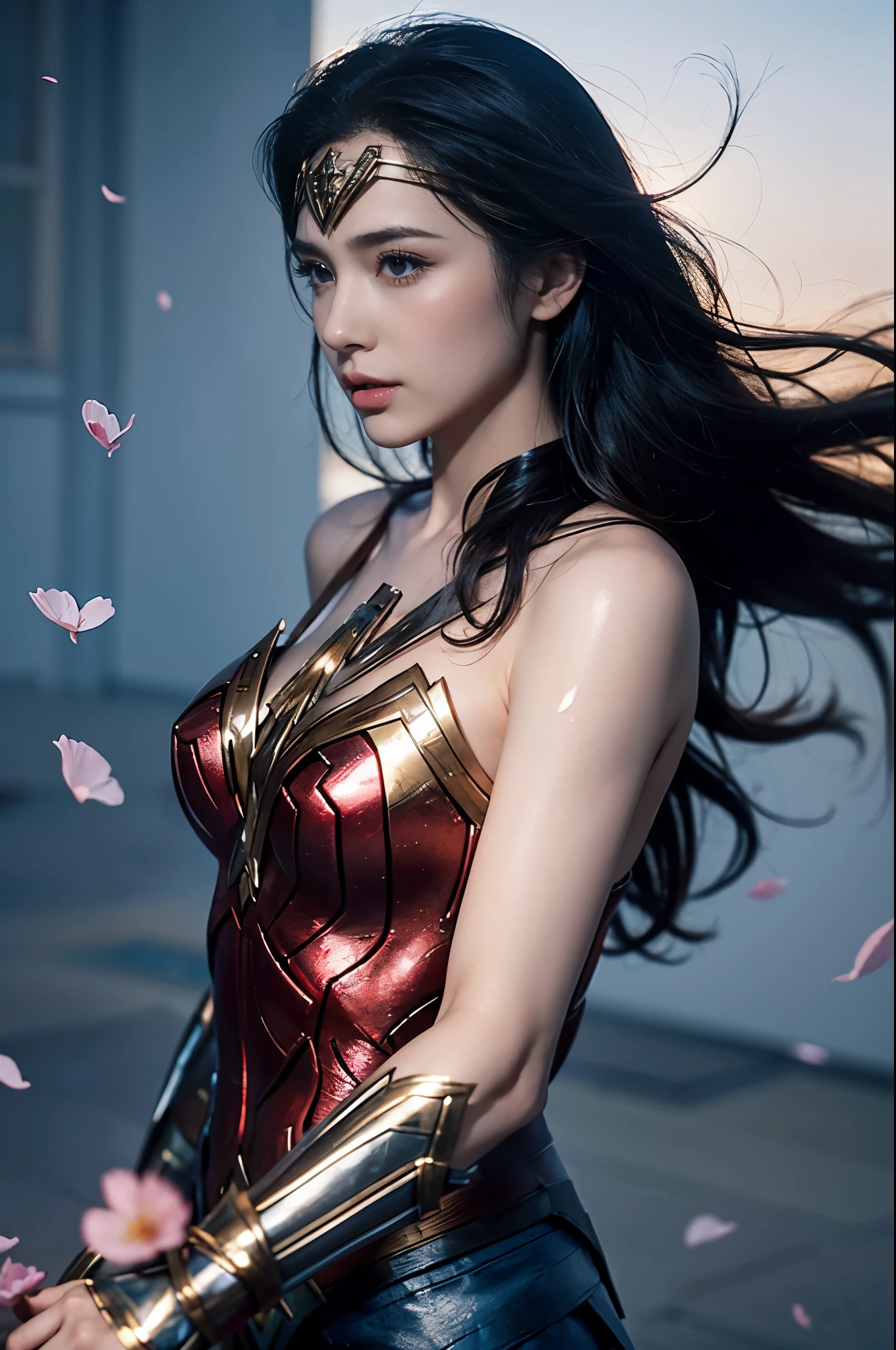 Wonder Woman cosplay costume,Big breasts,High Detail,8K resolution,Ultra-high resolution,Fine details,Correct proportion,Rich details,Flying petals,Floating hair, girl,Realism,3D,Delicate skin,Perfect Shadow,light