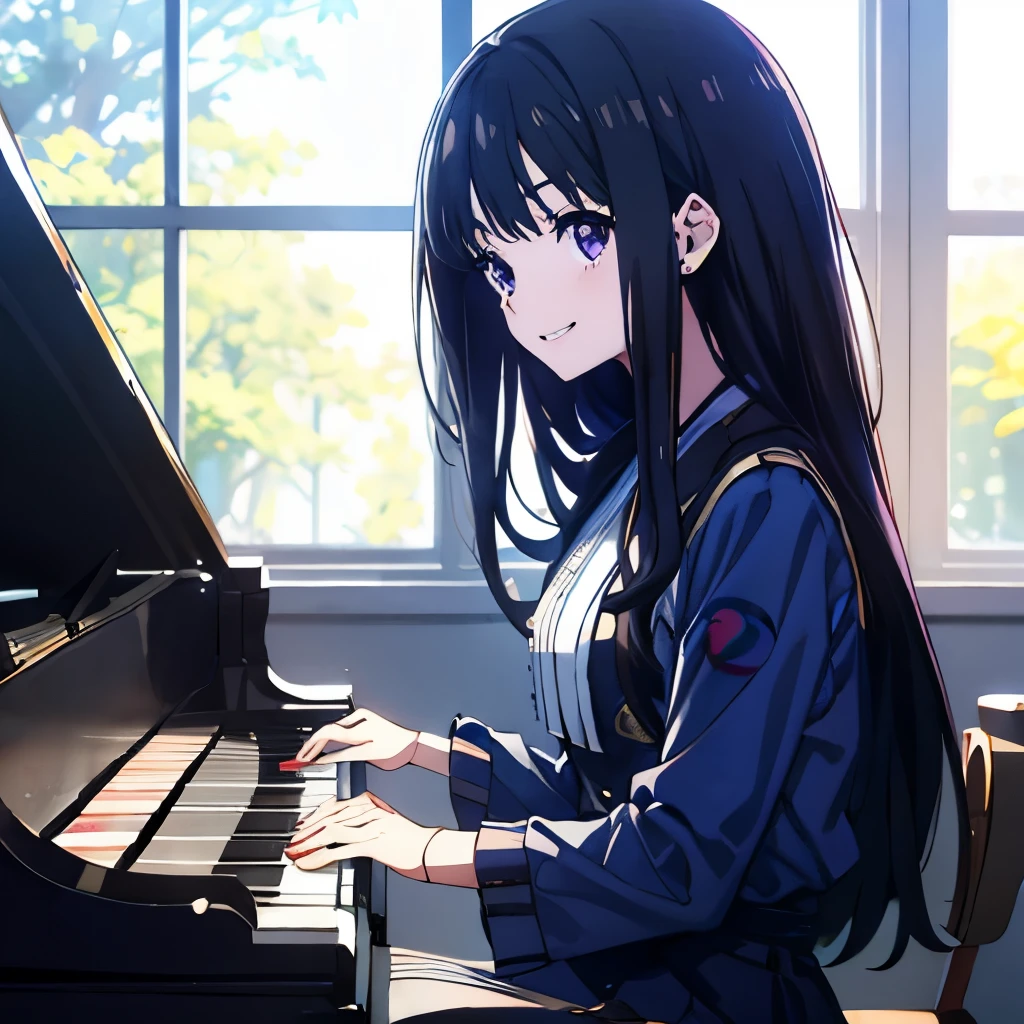 Masterpiece、(((1 person)))、Delicate eyes、Takina Inoue、Long Hair、Black Hair、Purple Eyes、smile、Upper Body、Blue Dress、(((play piano)))